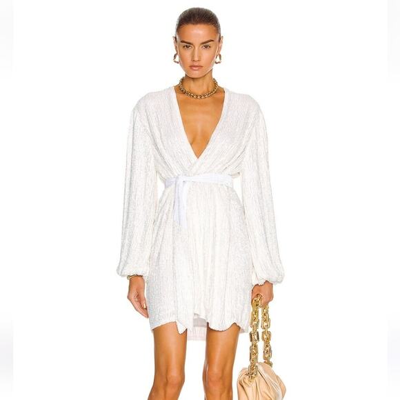 Retrofete Gabrielle Robe Dress in White Sequins Size XS Long Sleeve Wrap Belt - Picture 1 of 14